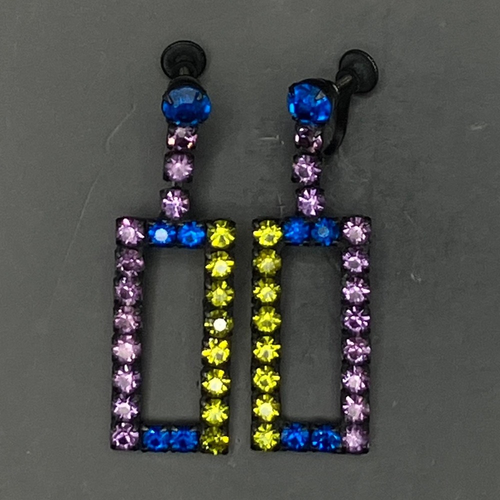 Mid-Century Japanned Rhinestone Geometric Multicolor Screwback‎ Drop Earrings - Picture 4 of 6